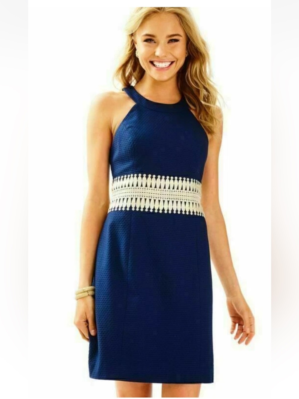 Lilly Pulitzer Ashlyn Navy Blue Halter Shift Dress Gold Trim Cotton Mini Sz 6